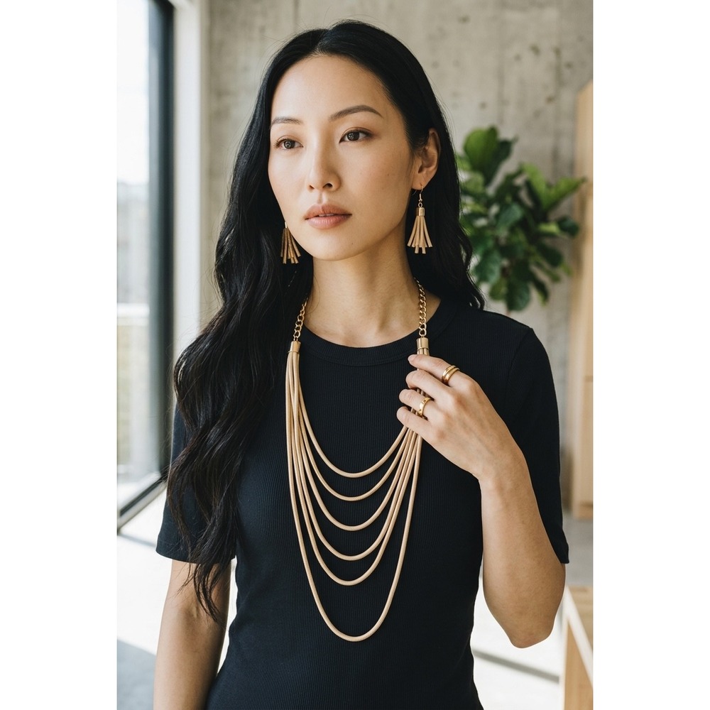 Paparazzi Zi Collection Gold Multi Strand Snake Chain Necklace Earring Set VTG